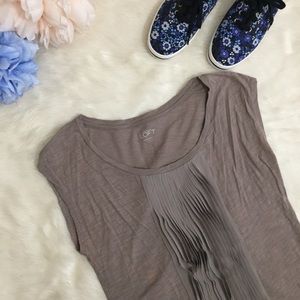 LOFT Taupe Pleated Ruffle Front Short Sleeve Tee S